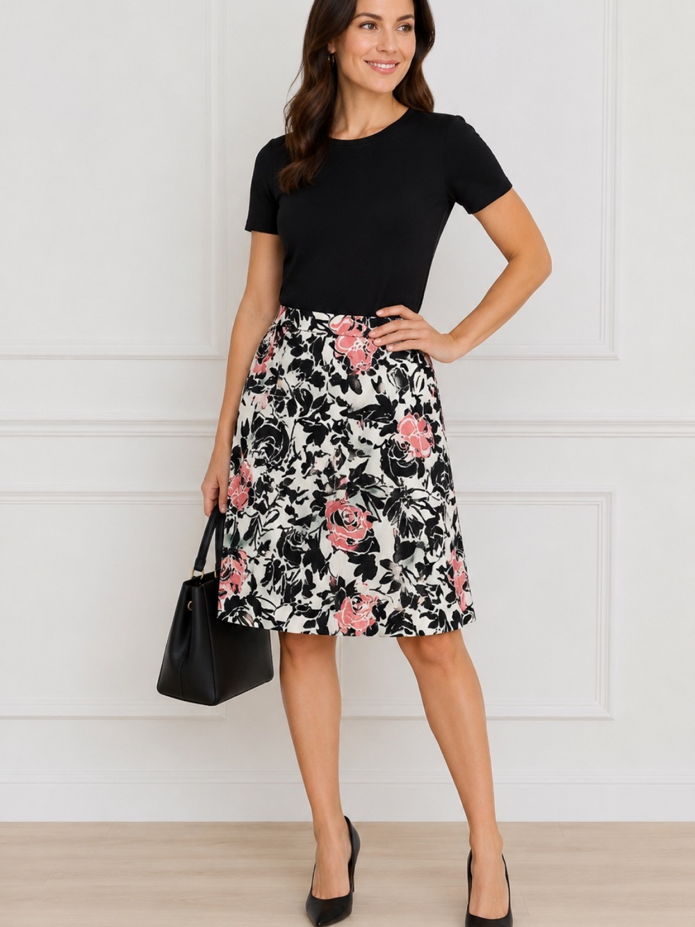 Kate Hill Petite 12P Floral A-Line Skirt
Black Pink White Cotton Career